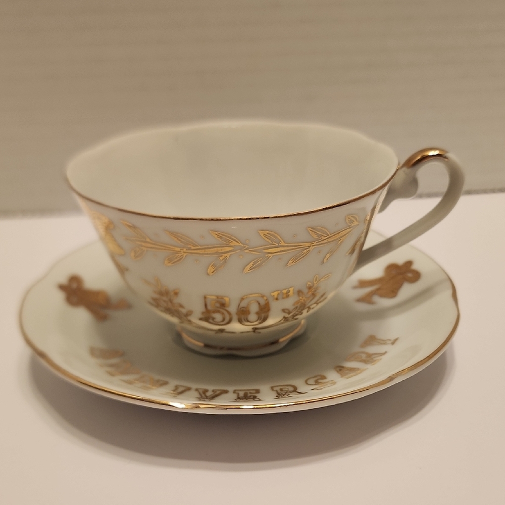 LEFTON CHINA CUP and SAUCER SET 50TH ANNIVERSARY w/ GOLD TRIM